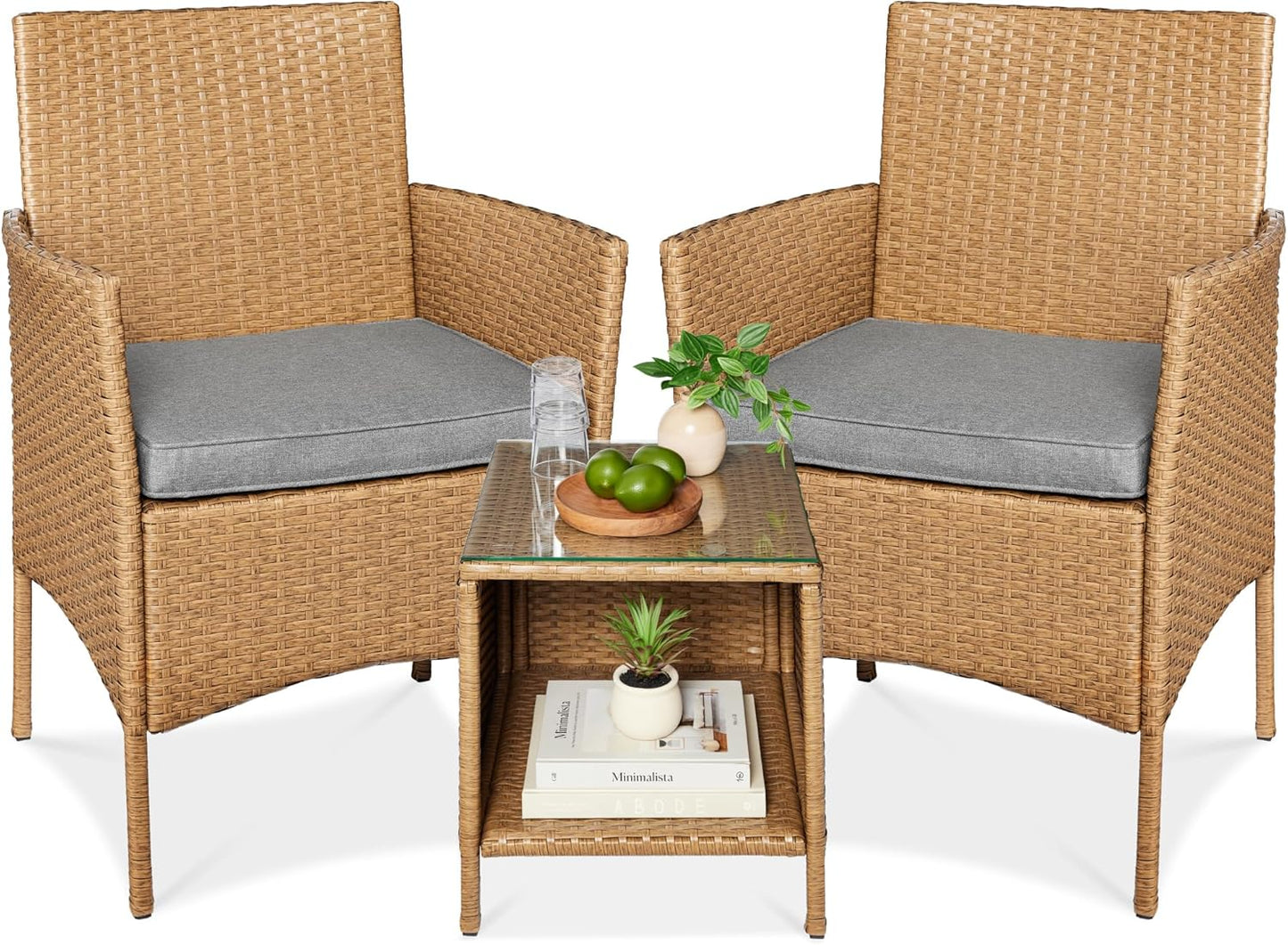 Best Choice Products 3-Piece Outdoor Wicker Conversation Bistro Set, Space Saving Patio Furniture for Garden w/Side Table - Gray/Navy