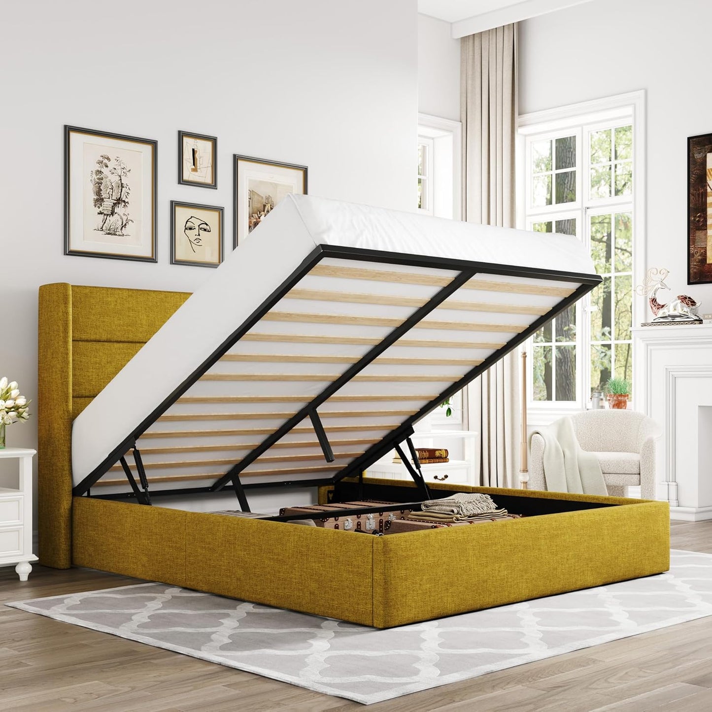 Allewie King Size Lift Up Storage Bed, Modern Wingback Headboard, Hydraulic Support, No Box Spring Needed, Light Beige