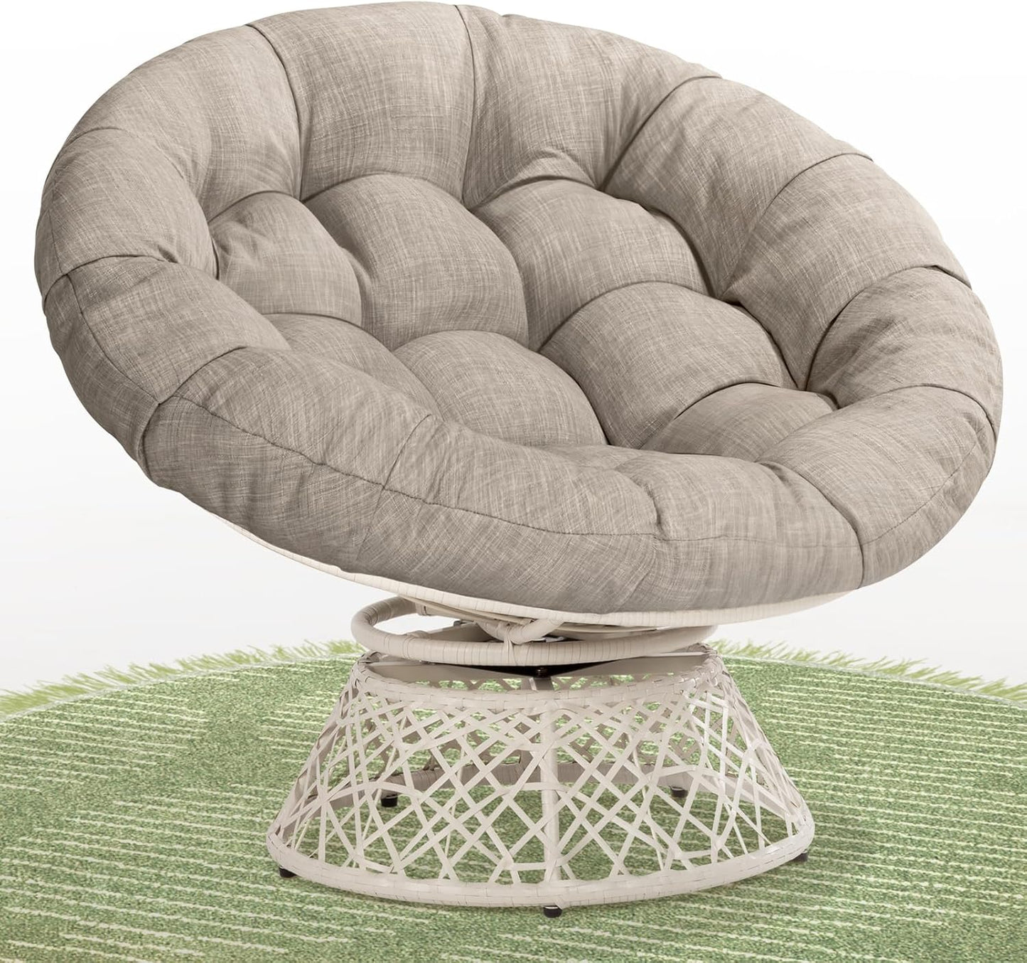 Bme 40" Ergonomic Wicker Papasan Chair with Soft Thick Density Fabric Cushion, High Capacity Steel Frame, 360 Degree Swivel for Living, Bedroom, Reading Room, Lounge, Silver Cloud - Black Base