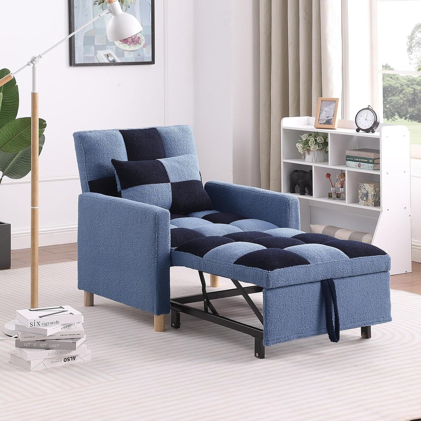 Sleeper Chair Bed Multi-functional Convertible Chair Sleeper Teddy Fabric Adjustable Single Pull Out Sofa Bed with Lumbar for Studio,Dorm, Apartment, Bedroom,Office,Living Room (Beige&Yellow)