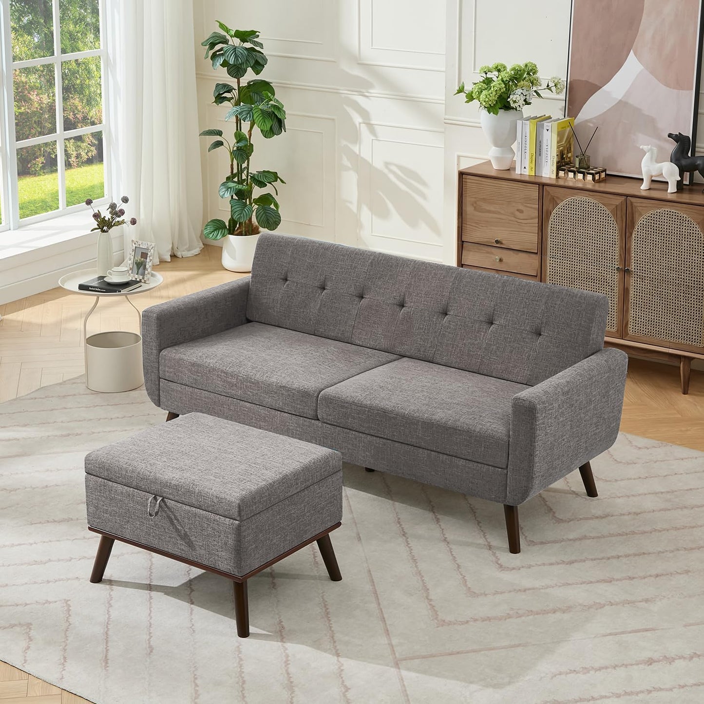 Tbfit 65" W Loveseat Sofa, Mid Century Modern Decor Love Seat Couches for Living Room, Button Tufted Upholstered Small Couch for Bedroom, Solid and Easy to Install Love Seats Furniture, Beige