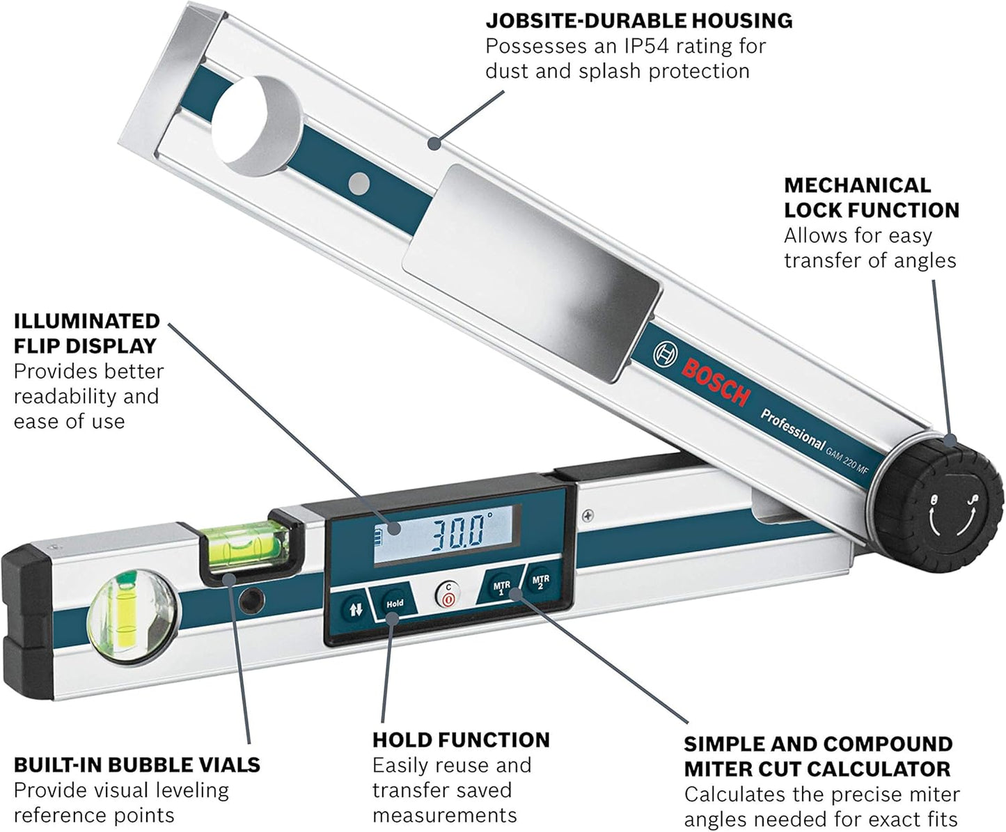 BOSCH GAM 220 MF 4-in-1 Digital Angle Finder, Includes Leg Extension, 4 AA Batteries, & Carrying Case