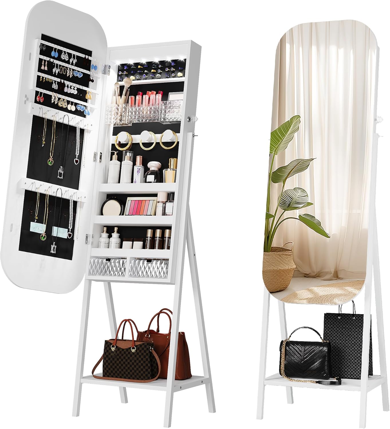 360° Swivel Jewelry Cabinet with Lights - RGB Vanity Mirror | Rotatable Full Length Mirror with Jewelry Storage, Standing Jewelry Armoire Organizer, Foldable Makeup Shelf Ideal Gift (White)