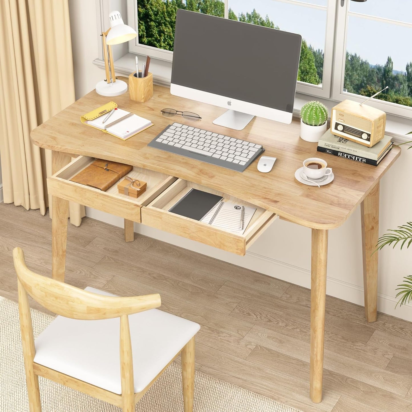 100% Solid Wood Desk with Drawers - 48 x 24 Inch Home Office Computer Desks, Modern Writing Desk with Drawers, Simple Study Table Makeup Vanity - Natural Boho Desks