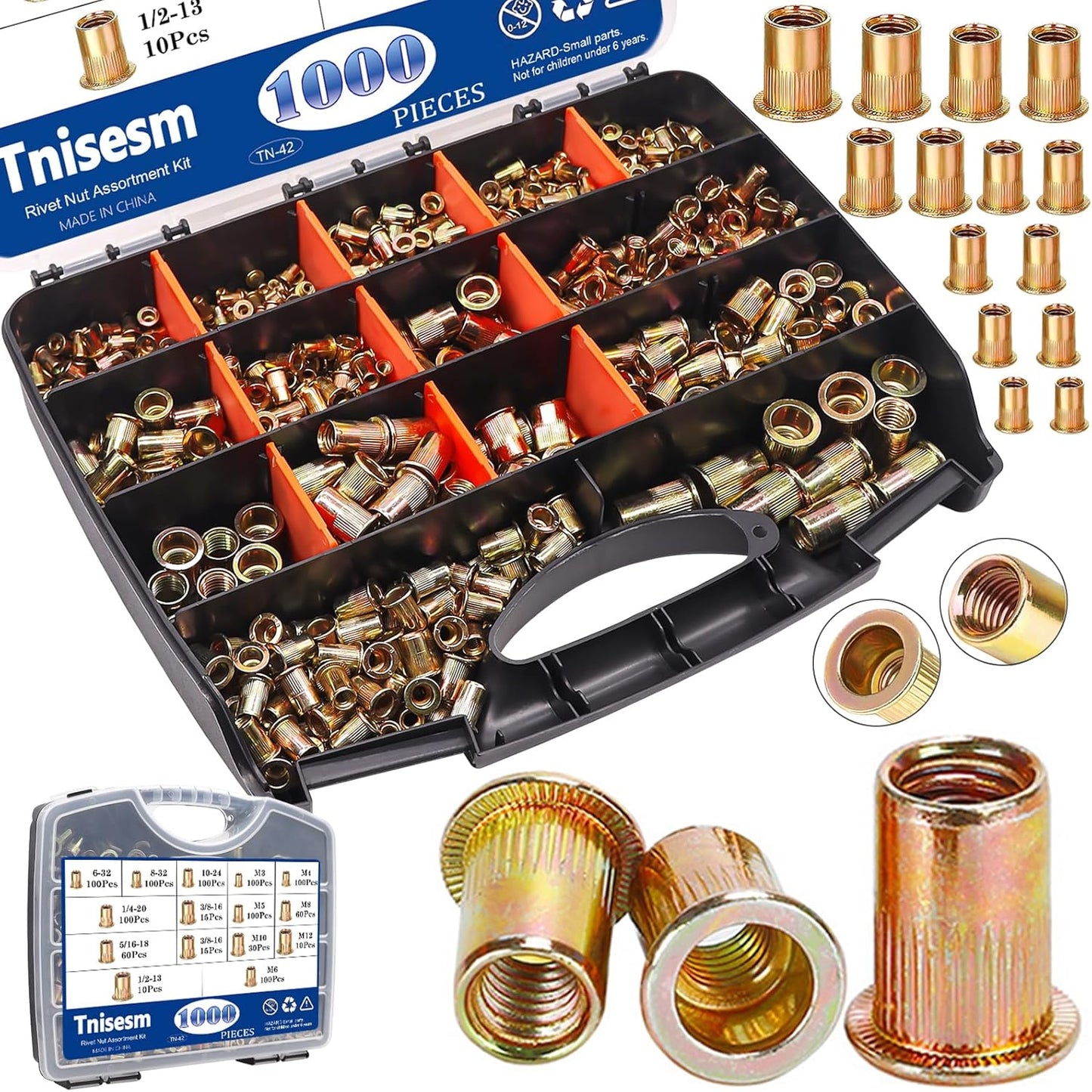 Tnisesm Rivet Nut Tool Kit with 501Pcs Rivet Nuts(10-24,1/4-20, 5/16-18, 3/8-16, M5, M6, M8, M10) 8Pcs Metric & SAE Mandrels, Step Drill Bit and Rugged Carrying Case Nutsert Tool Kit