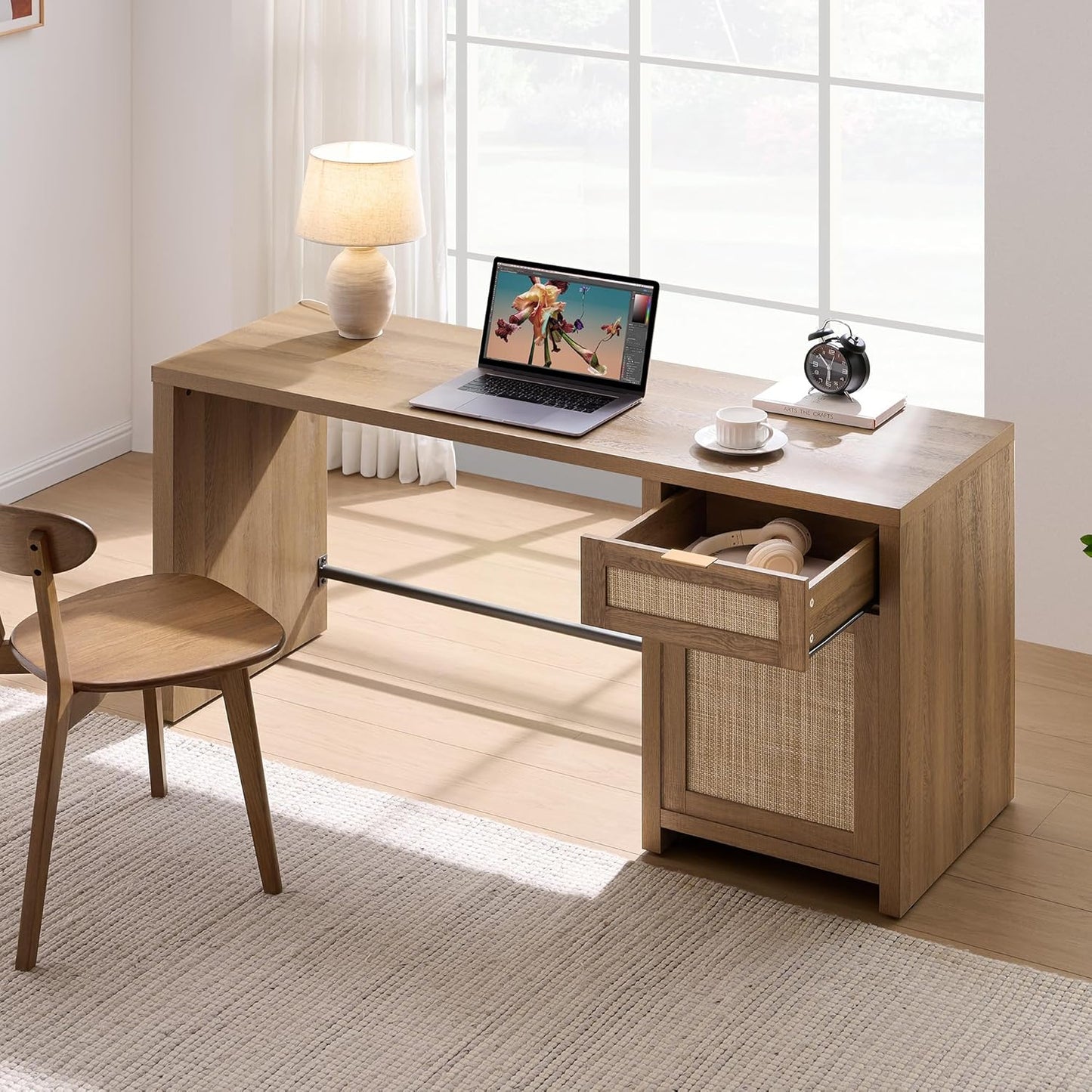 SICOTAS Rattan Executive Desk with Storage, 59" Boho Home Office Desk with Cabinets and Drawers, Large Computer Table Vanity Desk for Office, Study, Living Room, Oak