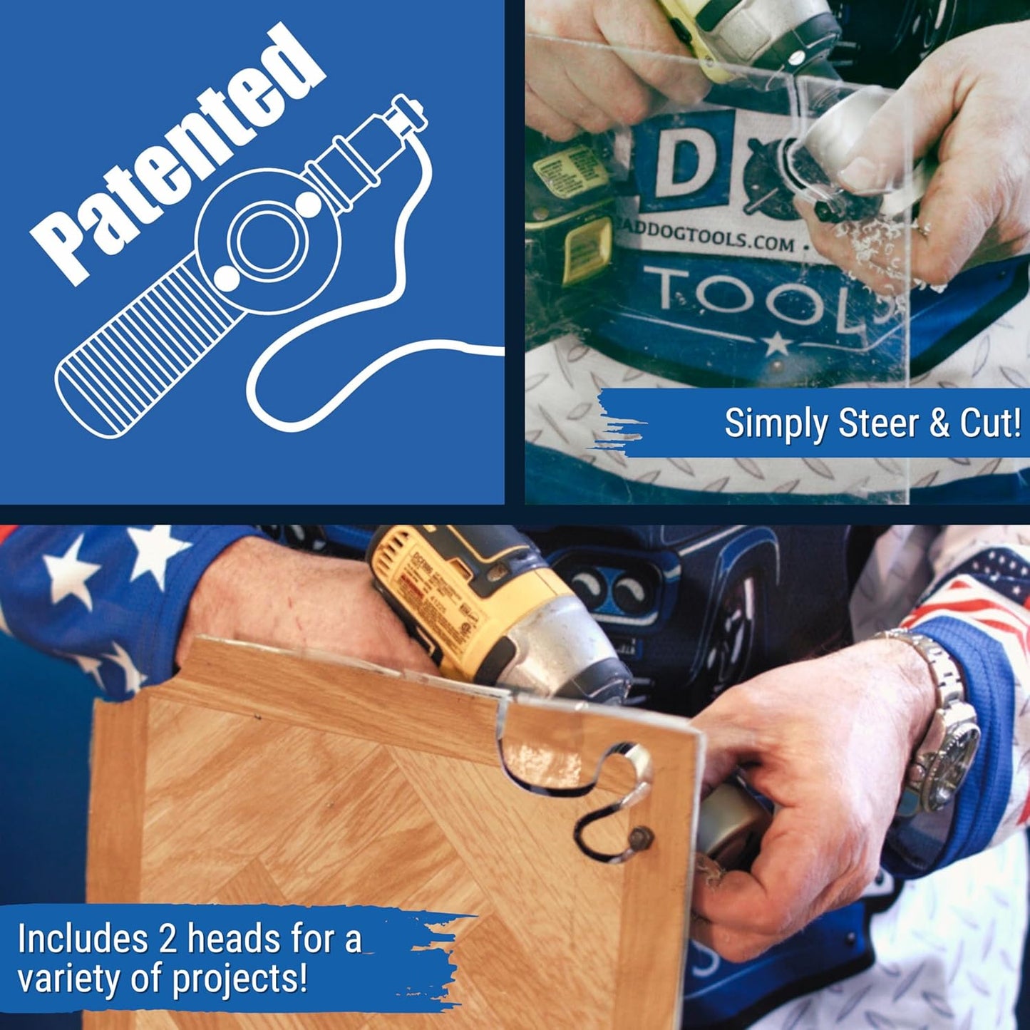 Bad Dog Long Dog Biter Kit - Dual Head Nibbler Drill Attachment w/ 4” Reach. Includes Two Patented Steerable Heads (2” & 4”) & a spare 2", HSS blades, Set Screw & Combo-Wrench.