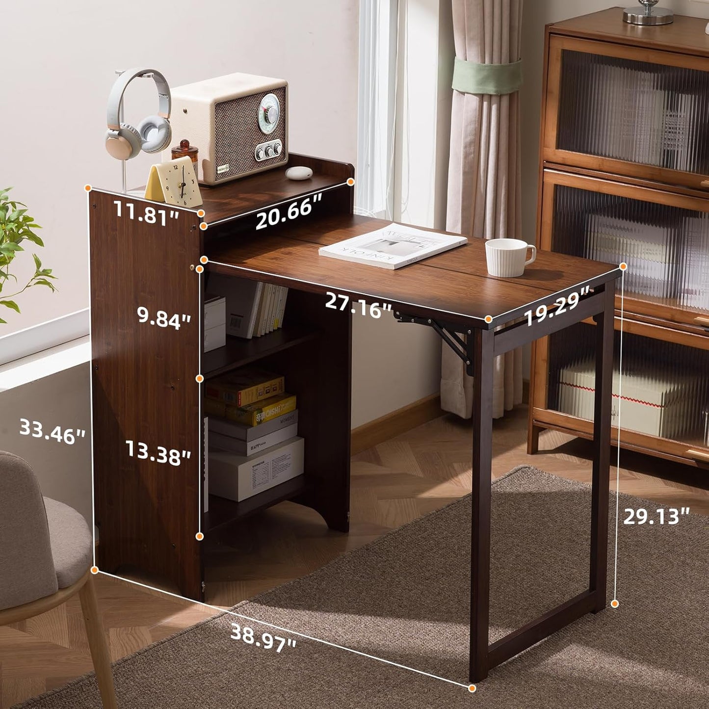 Bamboo Folding Desk with Storage, Space-Saving Foldable Computer Desk for Small Spaces, Writing Study Table for Home Office, Bedroom, Dorm, Apartment,Dark Brown