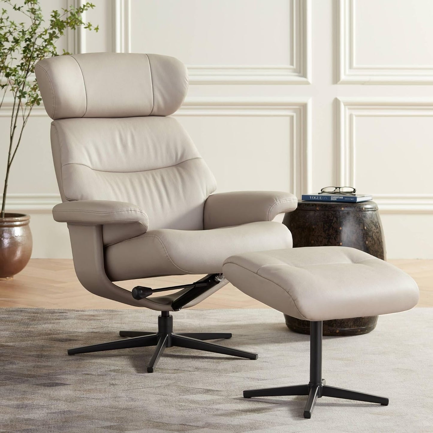 Benchmaster Bruce Bermuda Gray Faux Leather Recliner Chair Modern with Ottoman Footrest Ergonomic Manual Reclining Swivel for Bedroom Living Room Reading Home Relax Den Office Entryway