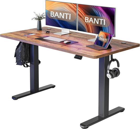BANTI 55''x24''Height Adjustable Electric Standing Desk, Stand up Table, Sit Stand Home Office Desk with Splice Board, Rustic Brown Top