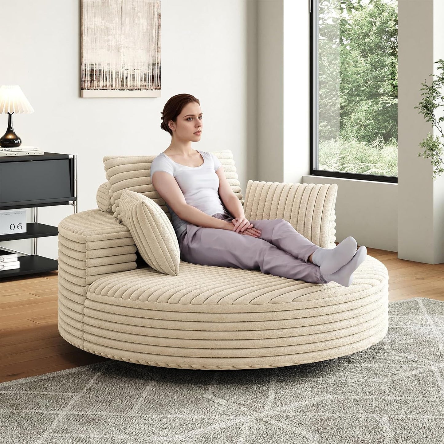 55 inch 360° Swivel Accent Chair, Chaise Lounge Chair Indoor Oversized Round Swivel Accent Chair Modern Corduroy Single Sofa Chair Deep Seat Chair for Living Room Bedroom Apartment, Grey