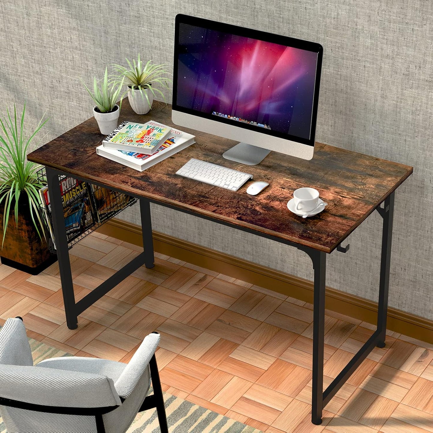 ASTARTH Study Computer Desk-47 Inch Home Office Desk, Wood Storage Table, Modern Writing Style Laptop Table, Black Metal Frame, PC Table with Storage Basket and Headphone Hooks, Rustic Brown, Vintage