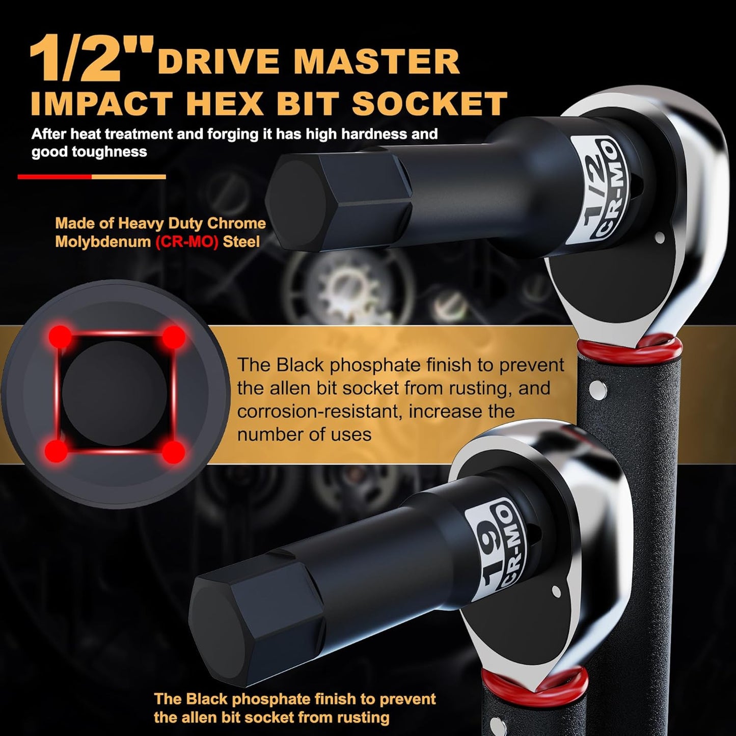 1/2" Drive Master Impact Hex Bit Socket Set, Metric & SAE, 20-Piece 1/2 Inch Drive Impact Allen Bit Socket Set, 5mm - 19mm & 1/4" - 3/4", Cr-Mo Steel, Heavy Duty Storage Case