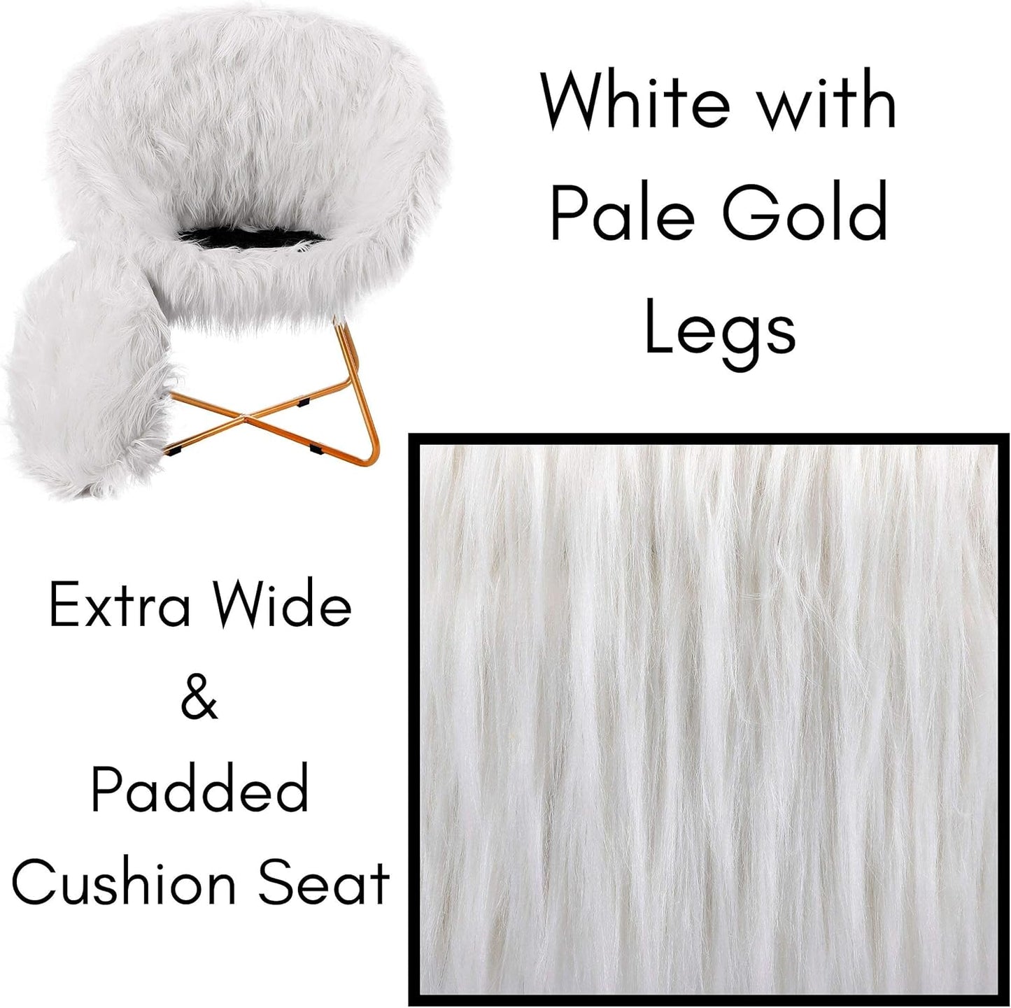 BIRDROCK HOME White Faux Fur Chair with Pale Gold Legs for Dorm Room, Teens Bedroom - Fuzzy Papasan Chair - Comfy Wide Cushion Seat - Accent Chair - Moon Chair - Metal - Fluffy Round Seat - White