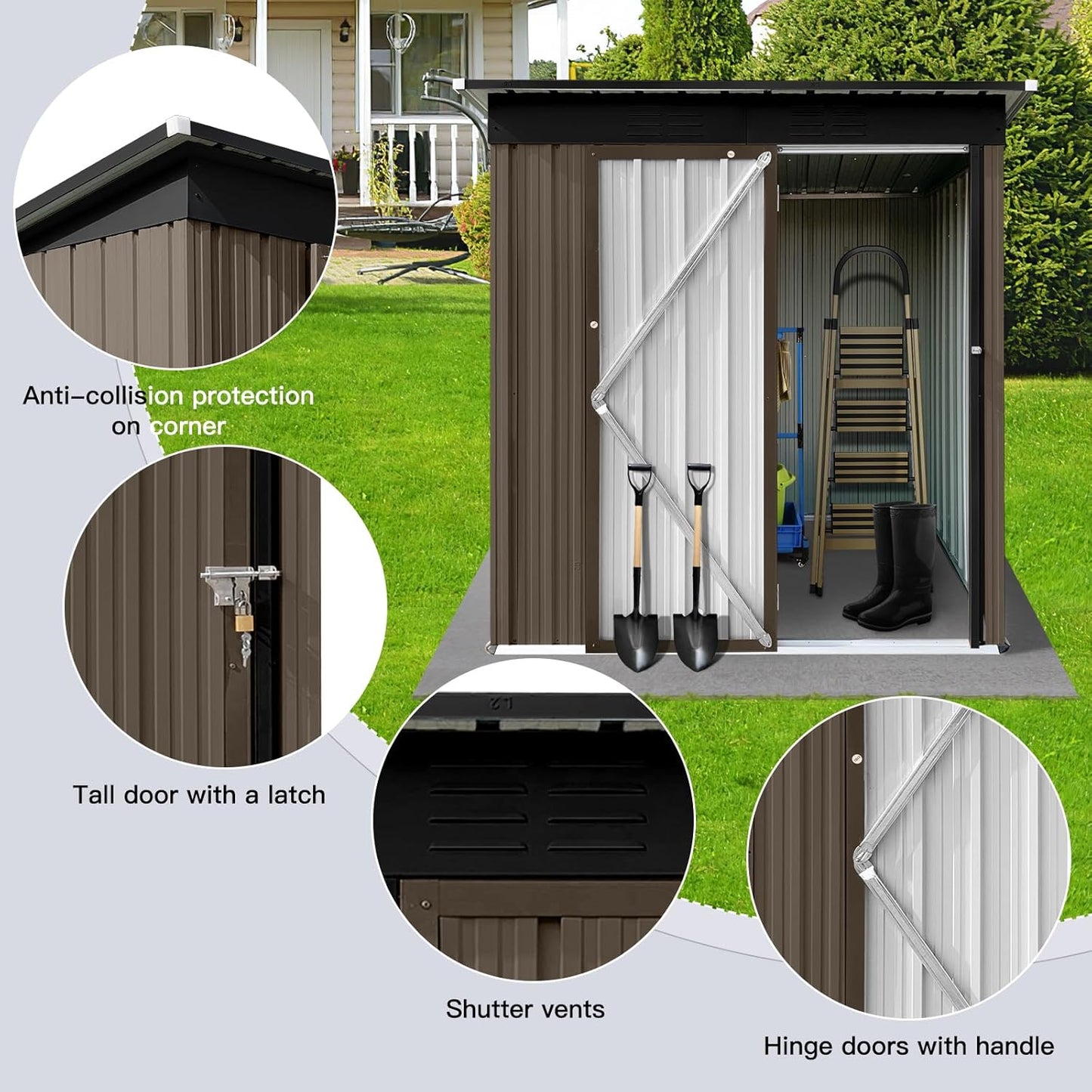 5x4 FT Metal Outdoor Storage Shed,Lockable Garden Tool Sheds with Pitched Roof and Shutter Vents,Practical Weatherproof House for Backyard Lawn,Brown+Black