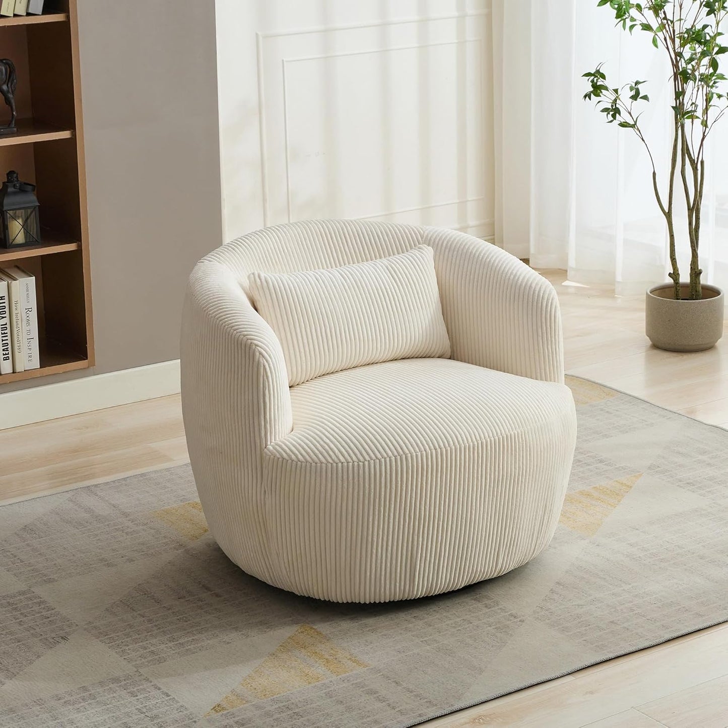 Aoiy & Wifon 34.25" W Swivel Barrel Chair, Upholstered Round Small Accent Chair, Single Comfy Barrel Chair for Living Room, Corduroy, Ivory
