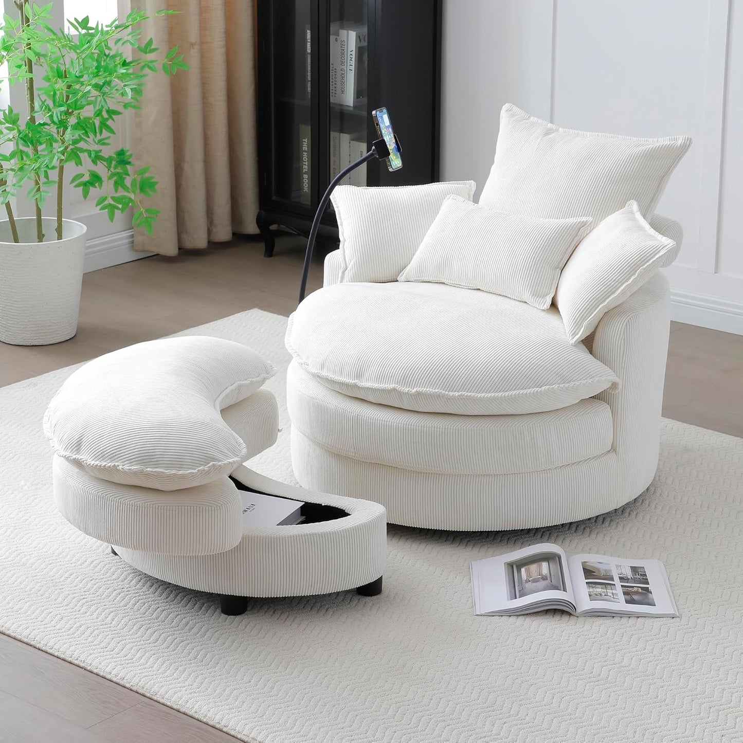 Swivel Barrel Chairs with Ottoman and Gooseneck Phone Holder, Upholstered Accent Swivel Chair with Storage Footrest for Living Room Bedroom Office Studio Ivory White