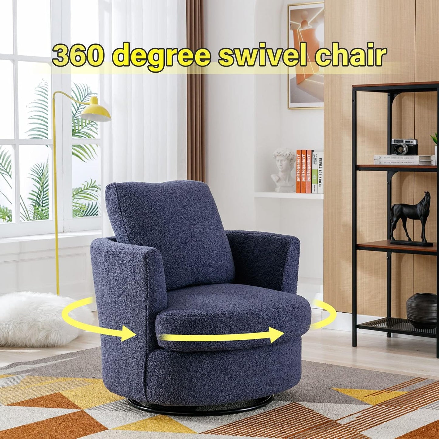 Swivel Accent Chair Set of 2,Teddy Sherpa Round Swivel Barrel Chairs for Living Room Upholstered Modern 360 Degree Swivel Club Chair Comfy Armchair for Nursery Bedroom Office(Dark Blue)