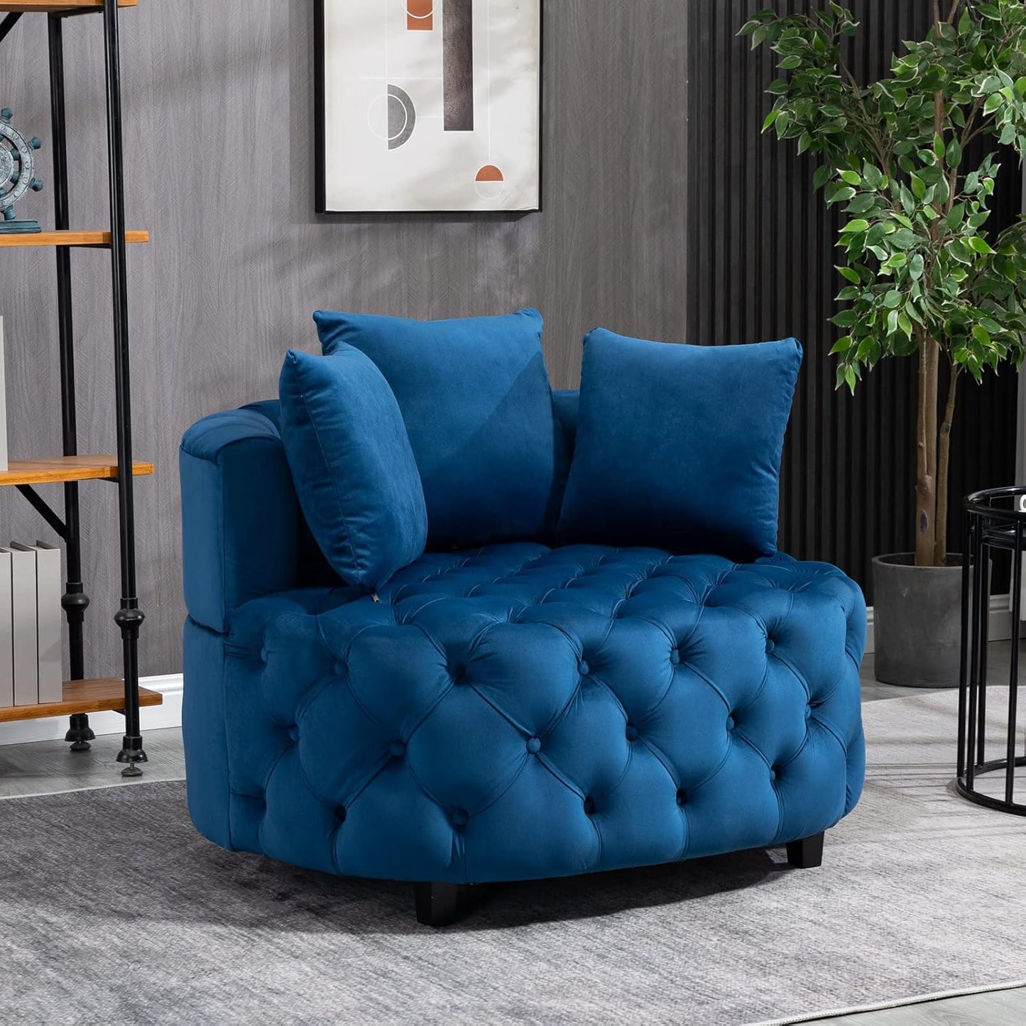 Velvet Accent Chair, Tufted Upholstered Barrel Chair Lounge Chair with 3 Movable Pillows and Solid Wood Legs, Oversized Round Sofa Chair Reading Chair for Living Room Bedroom Hotel Office, Blue