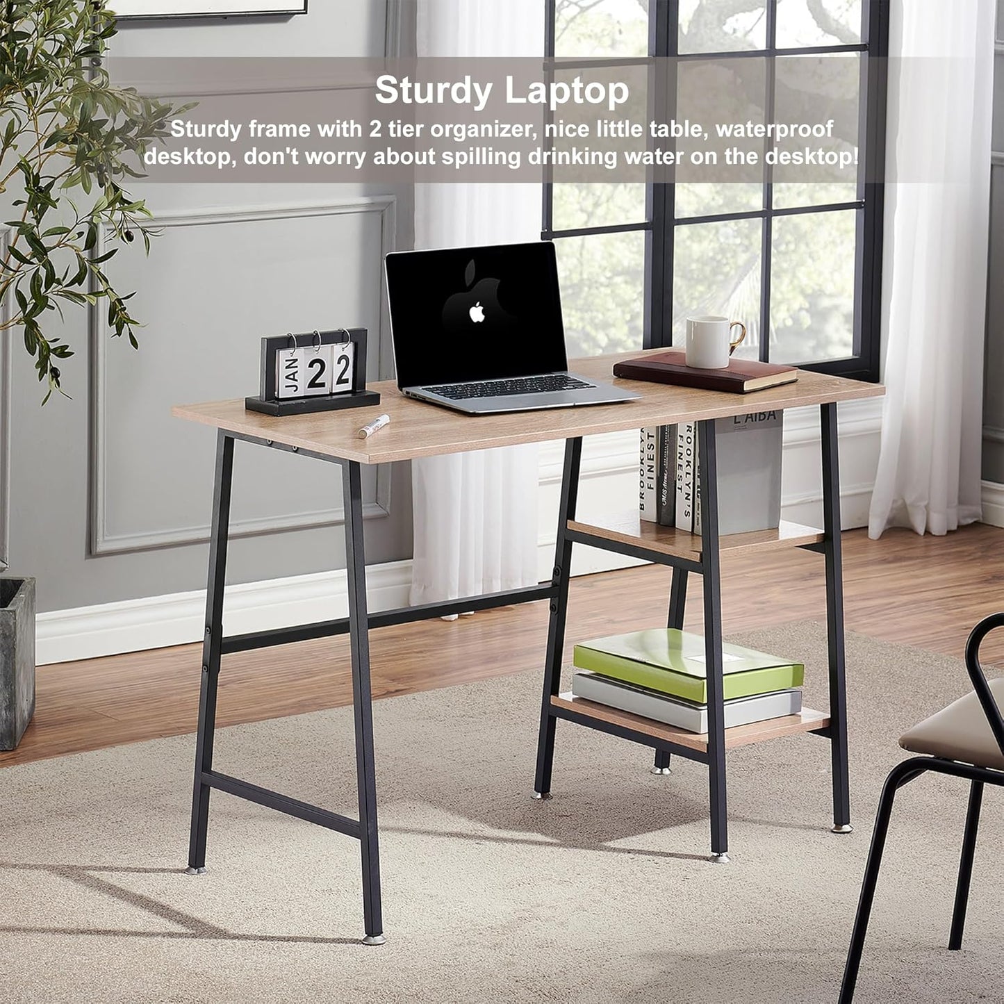 VECELO 43 Inch Writing Desk Home Office, Home Office Study Tables with 2 Tier Storage Shelves Eiton Left or Right Side, Simple Industrial Style with Adjustable Feet and Water Proof Surface, Oak Desk