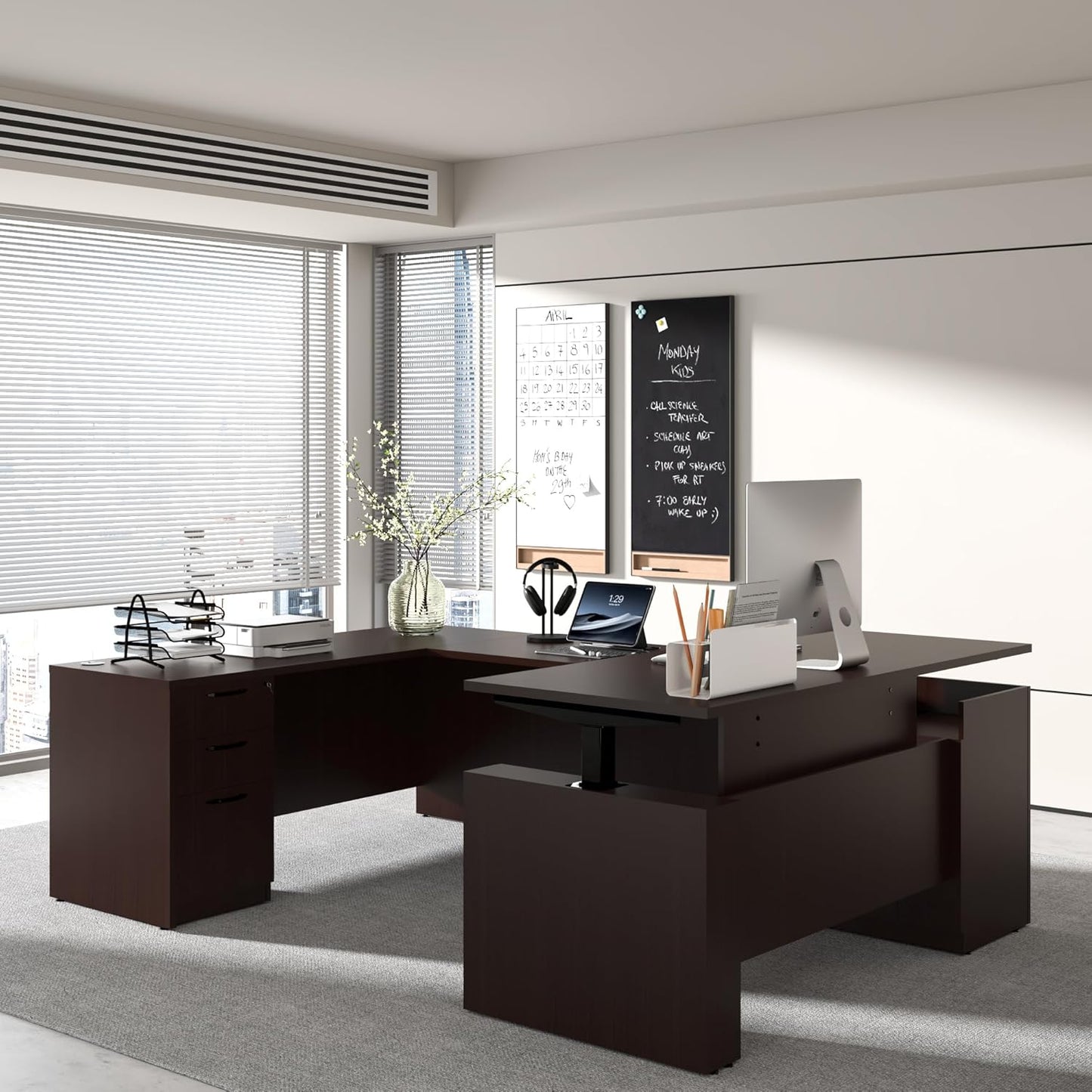 66.93'' Height Adjustable L-Shaped Executive Desk with Drawers and Shelves (Espresso)