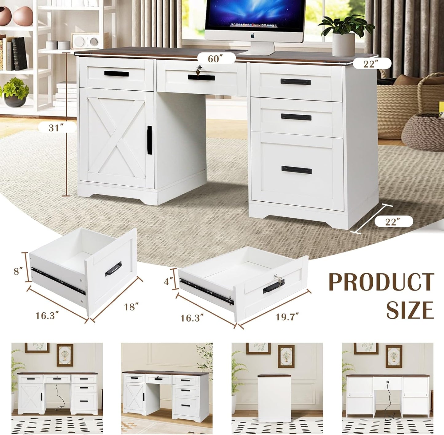 60" Farmhouse Executive Desk, Home Office Desk with Drawers, Wood Computer Writing Desk with Charging Station, Key Lock Drawer Filing Cabinet Drawers, Antique White