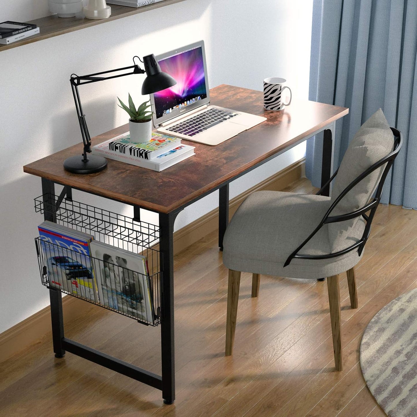 ASTARTH Study Computer Desk-47 Inch Home Office Desk, Wood Storage Table, Modern Writing Style Laptop Table, Black Metal Frame, PC Table with Storage Basket and Headphone Hooks, Rustic Brown, Vintage
