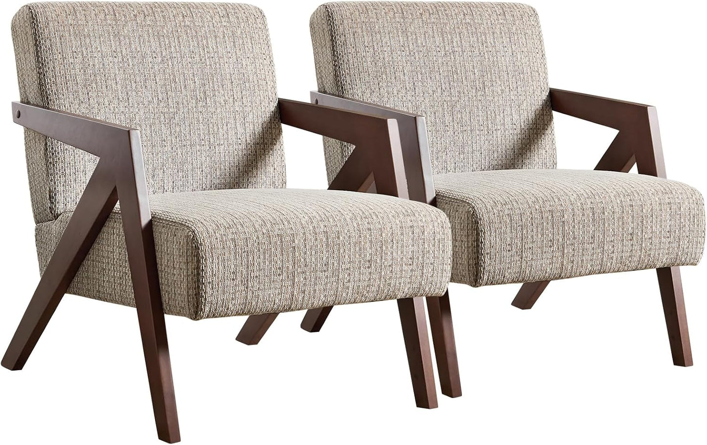 Bonzy Home Mid-Century Modern Accent Chair Set of 2 with Solid Wood Frame, Upholstered Armchair for Bedroom & Living Room,Reading Side Chair with Soft Lien Fabric Cushion,Easy Assembly,Beige