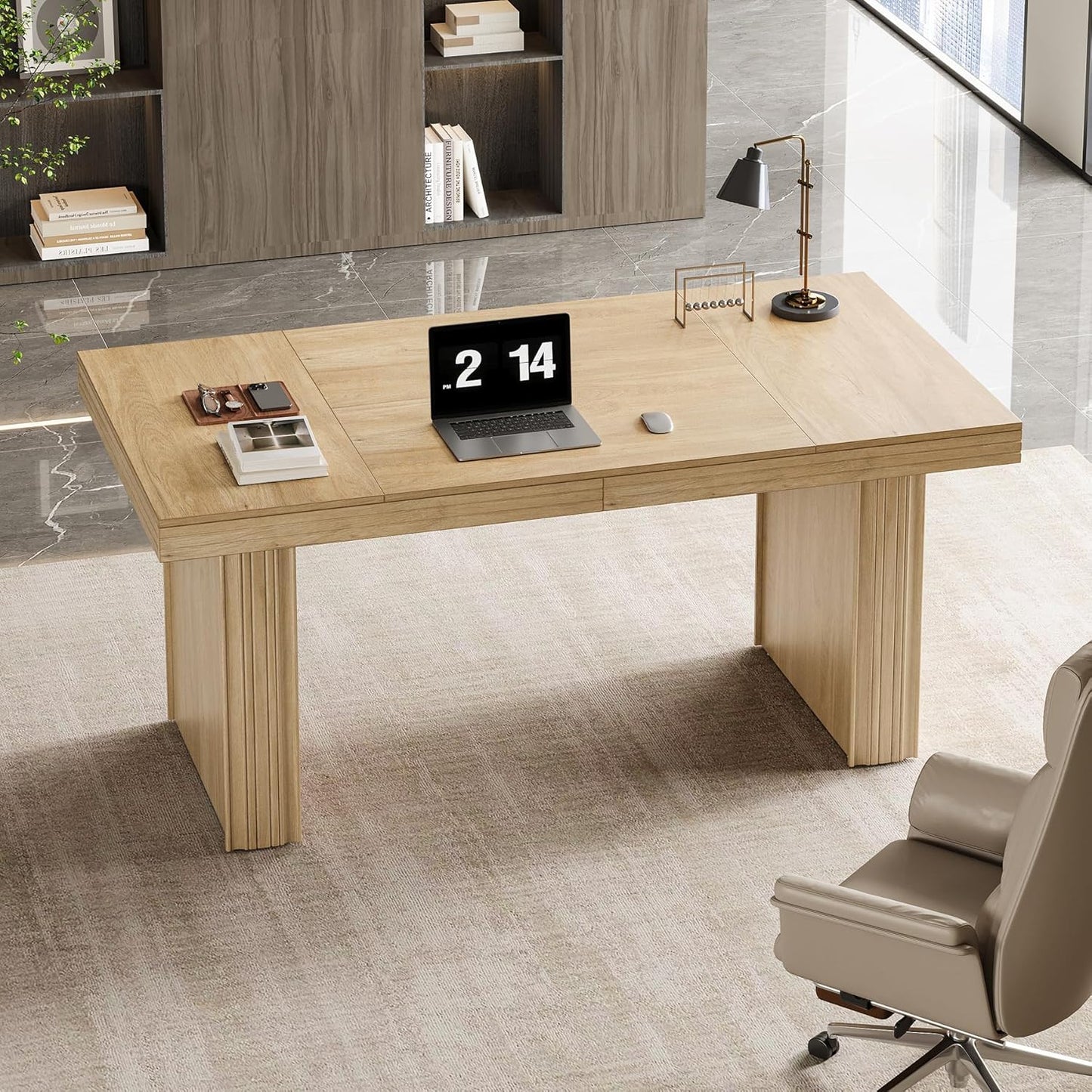 Tribesigns 63" Executive Desk, Large Office Computer Desk with Heavy-Duty Legs and Thickened Desktop, Elegant Writing Workstation Study Table Conference Table for Office, Natural