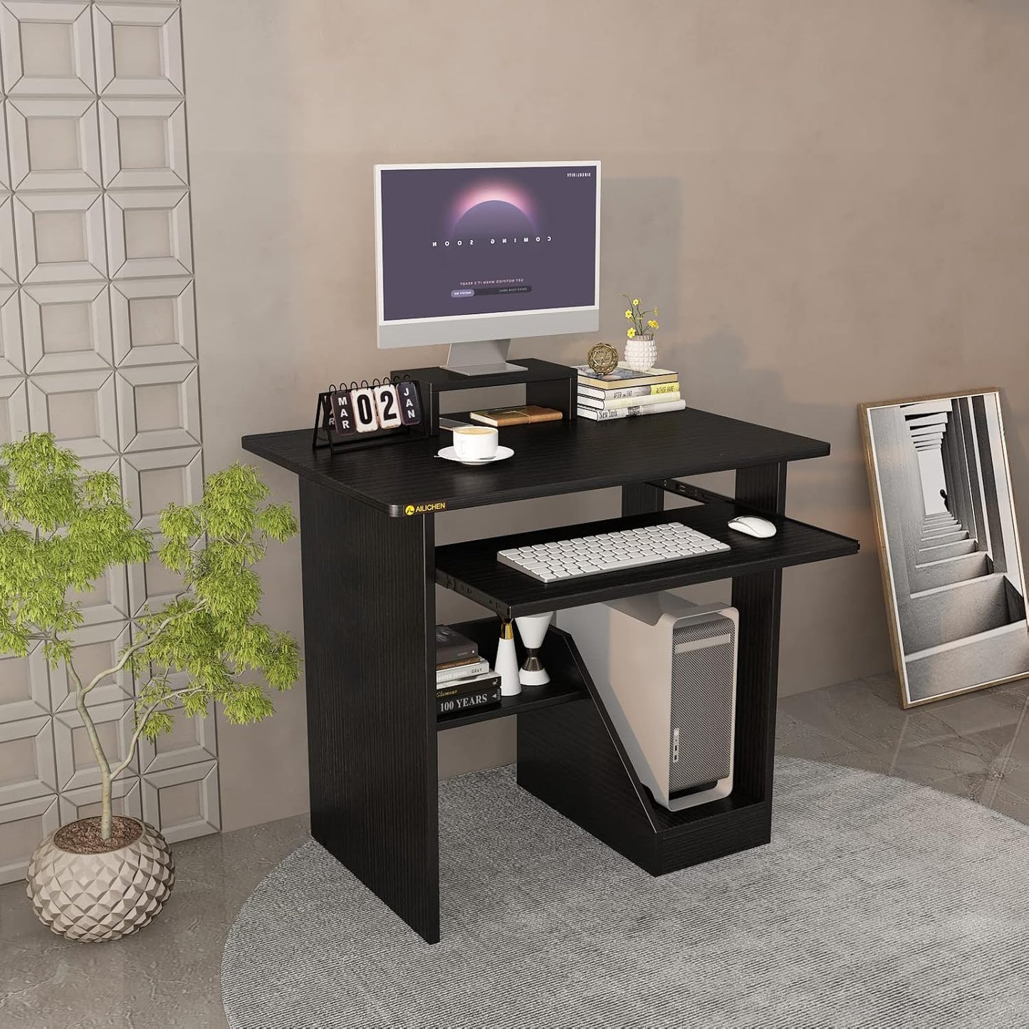 ALISENED Computer Desk with Storage Shelves, 29.5''Home Office Desk with Monitor Stand, Small Writing Desk Table with Keyboard Tray,Study Table with CPU Stand for Small Spaces Save Space