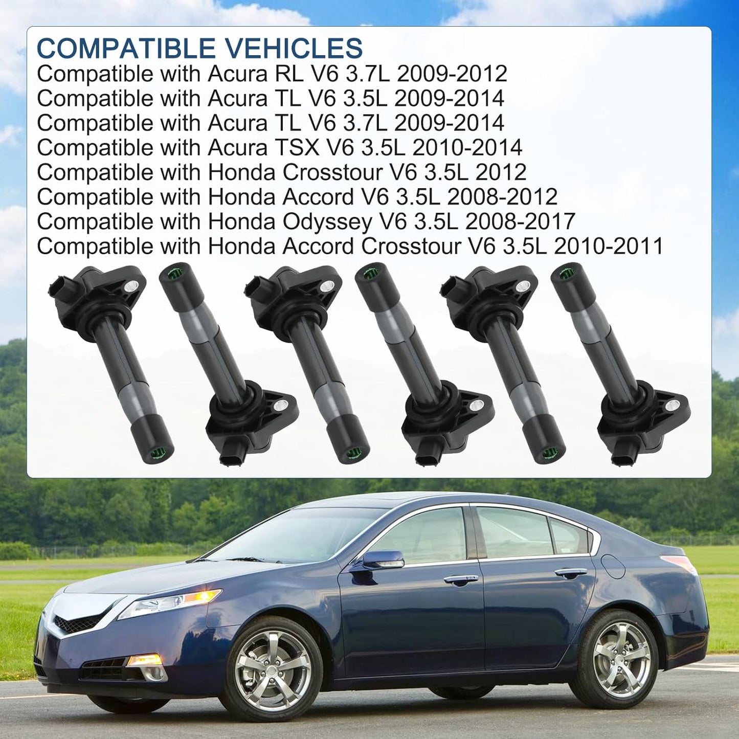 Set of 6 Ignition Coil Pack & Spark Plug Compatible with Acura RL TL TSX Honda Accord Crosstour Odyssey V6 3.5L Replace# UF603, C1624, 178-8379, 30520-R70-A01, 30520-R70-S01