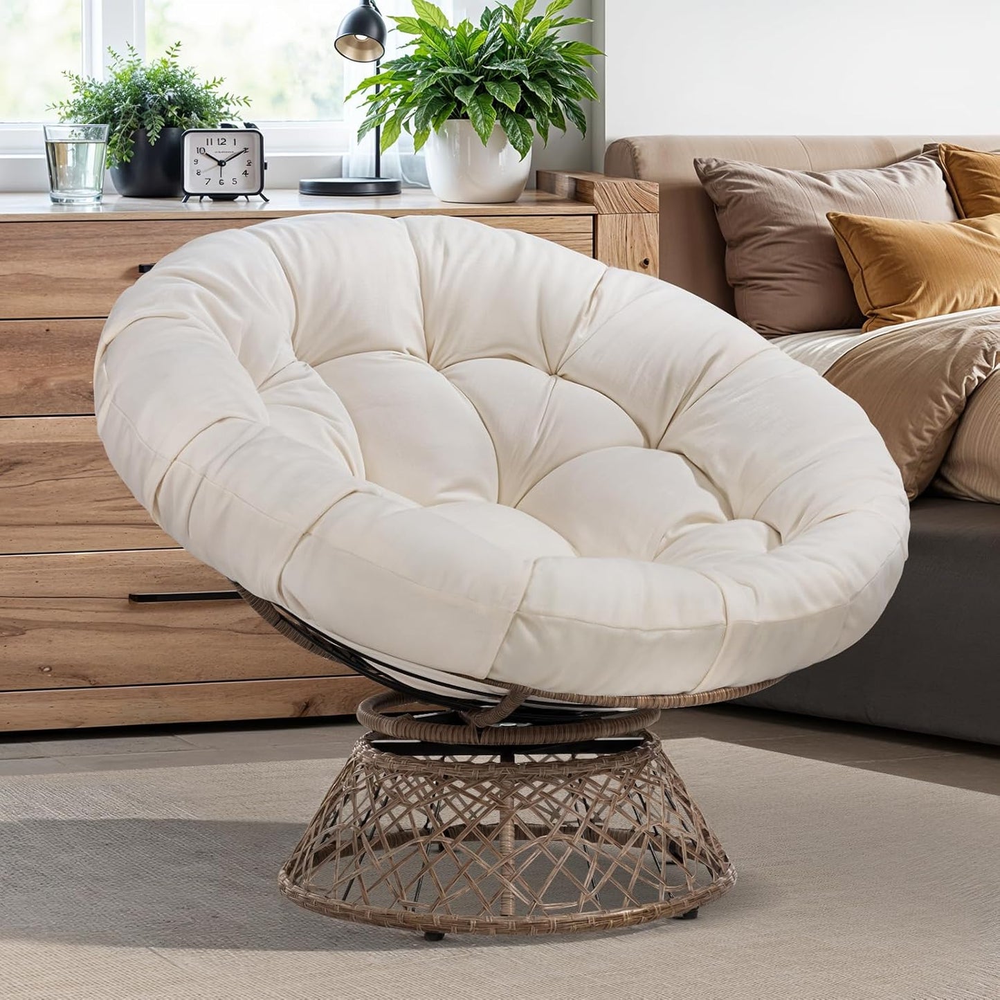 Bme 40" Ergonomic Wicker Papasan Chair with Soft Thick Density Fabric Cushion, High Capacity Steel Frame, 360 Degree Swivel for Living, Bedroom, Reading Room, Lounge, Silver Cloud - Black Base