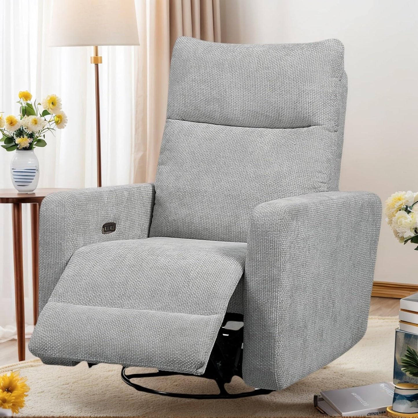 Accent Chairs 360° Recliner Chair Swivel Rocker Chair for Adults, Nursery Swivel Chairs for Living Room, High Back Upholstered Deep Seat Lazy Boy Recliner Chairs (Polyester Fabric- Dark Gray-1PCS)