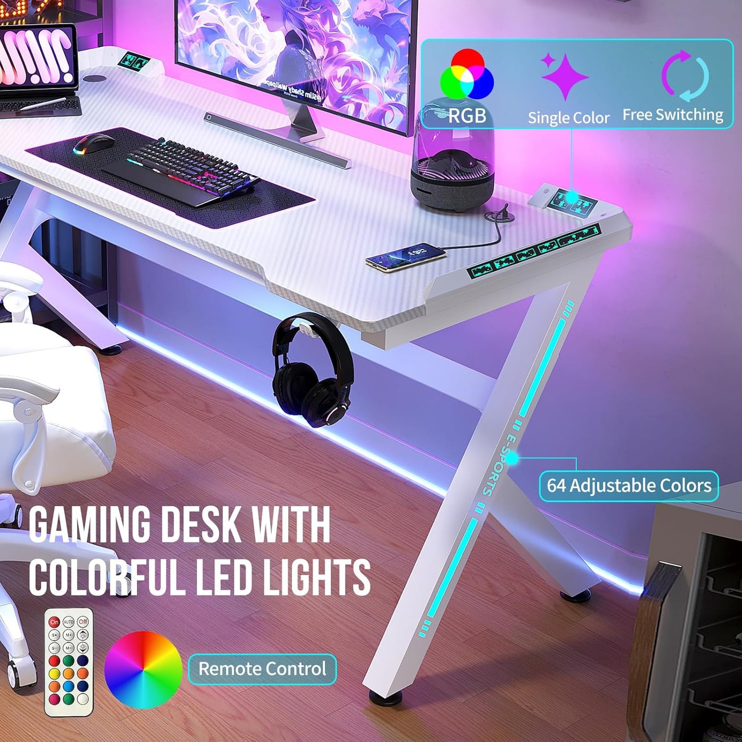 AZN Gaming Desk, 55'' Computer Desk, Gaming Desk w/LED Lights & Carbon Fiber Desktop, Home Office Desks w/Ergonomic Design, Computer Desks w/Cup Holder, Headphone Holder, Cable Organizer