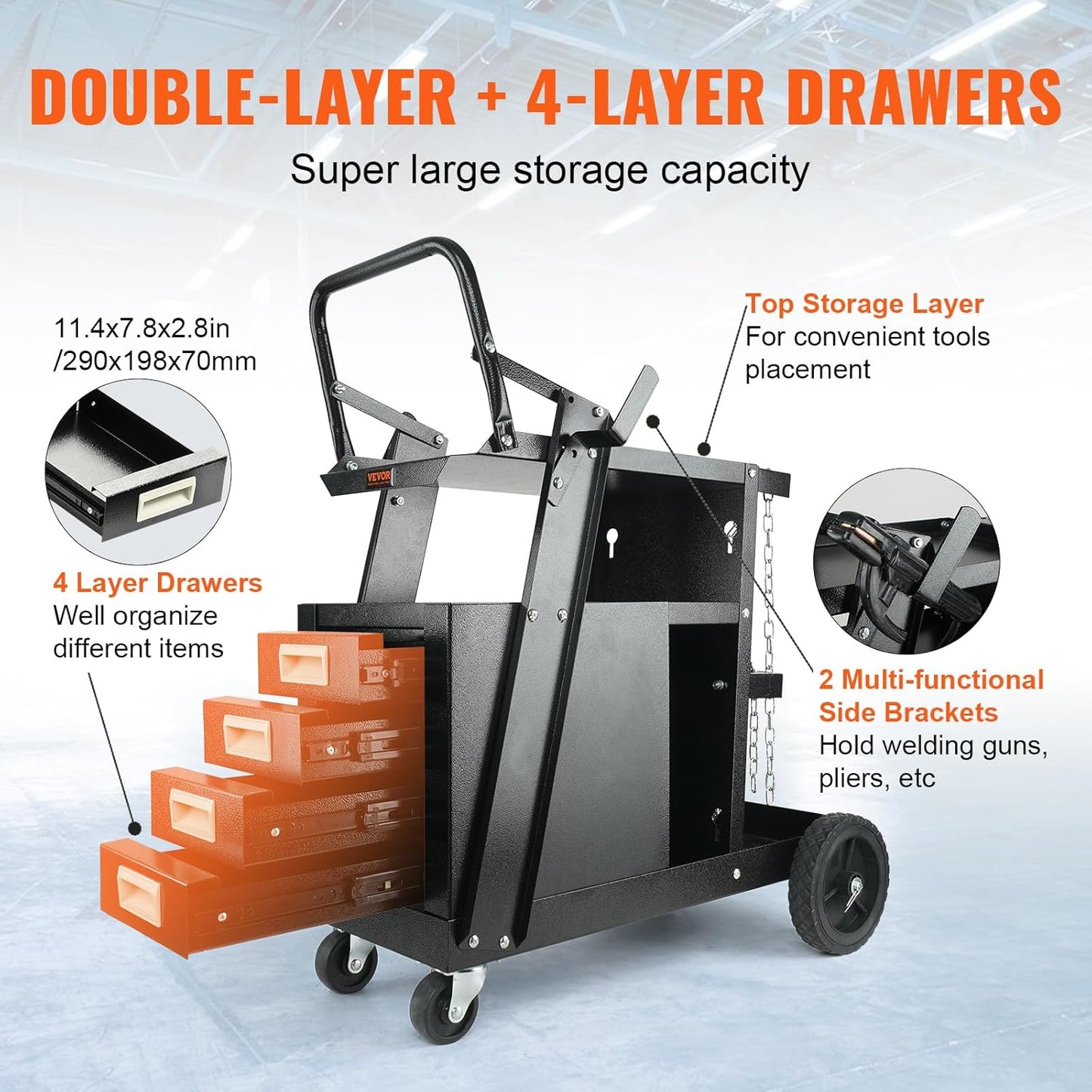 VEVOR Welding Cart, 2-Tier 4 Drawers with 265LBS Static Weight Capacity, 360° Swivel Wheels, Tank Storage Safety Chains, Heavy Duty Rolling MIG Welder Cart for Mig Welder and Plasma Cutter