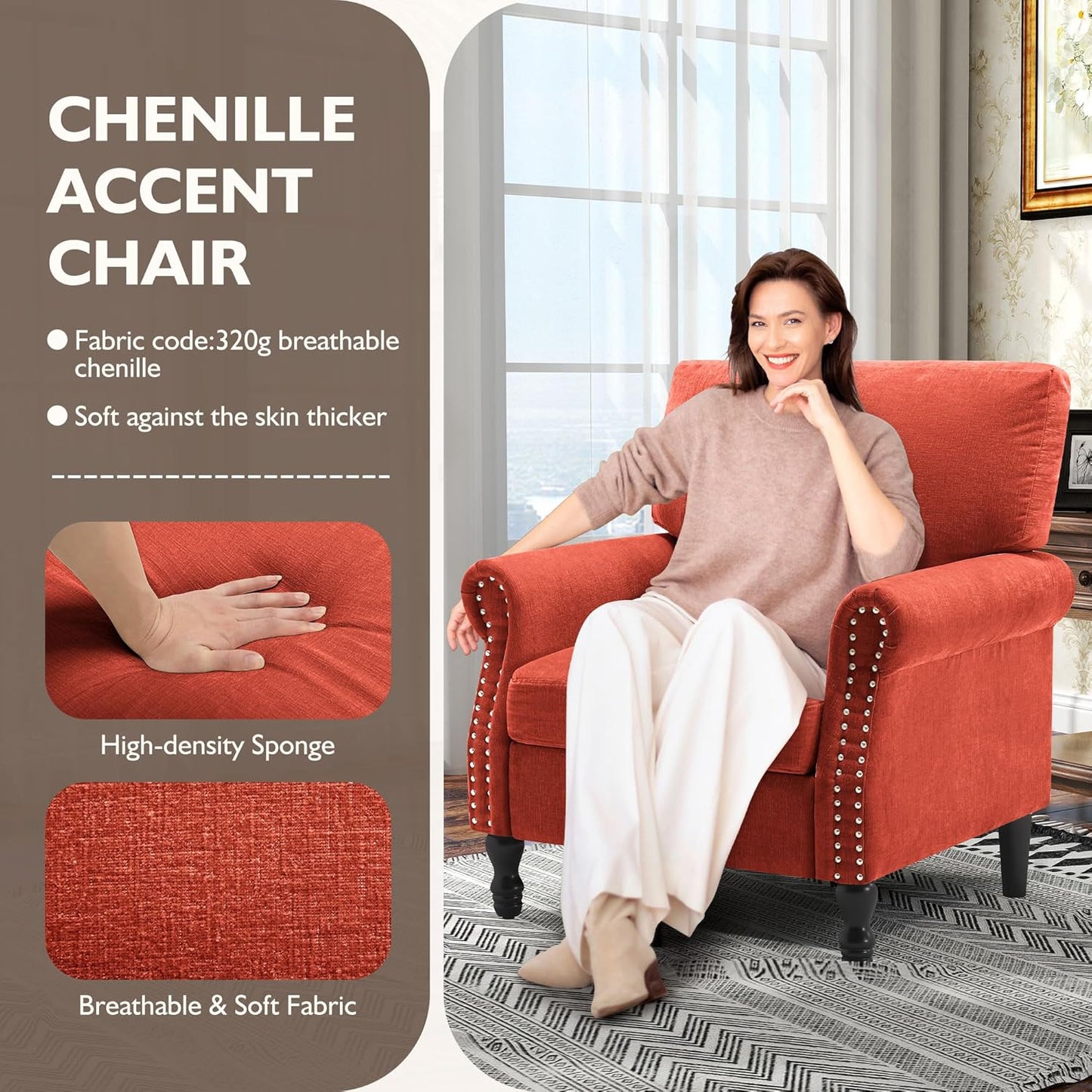 Accent Chair, High Back Upholstered Armchair with Solid Legs, Leisure Single Sofa Chair for Living Room, Bedroom, Home Office(Tangerine,All Senson)