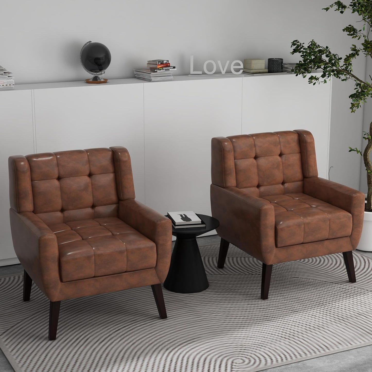 Accent Chairs Set of 2, Modern Fabric Upholstered Armchairs for Living Room, Comfy Arm Chairs Tufted Back and Solid Wood Legs for Bedroom Office Room (Light Blue)