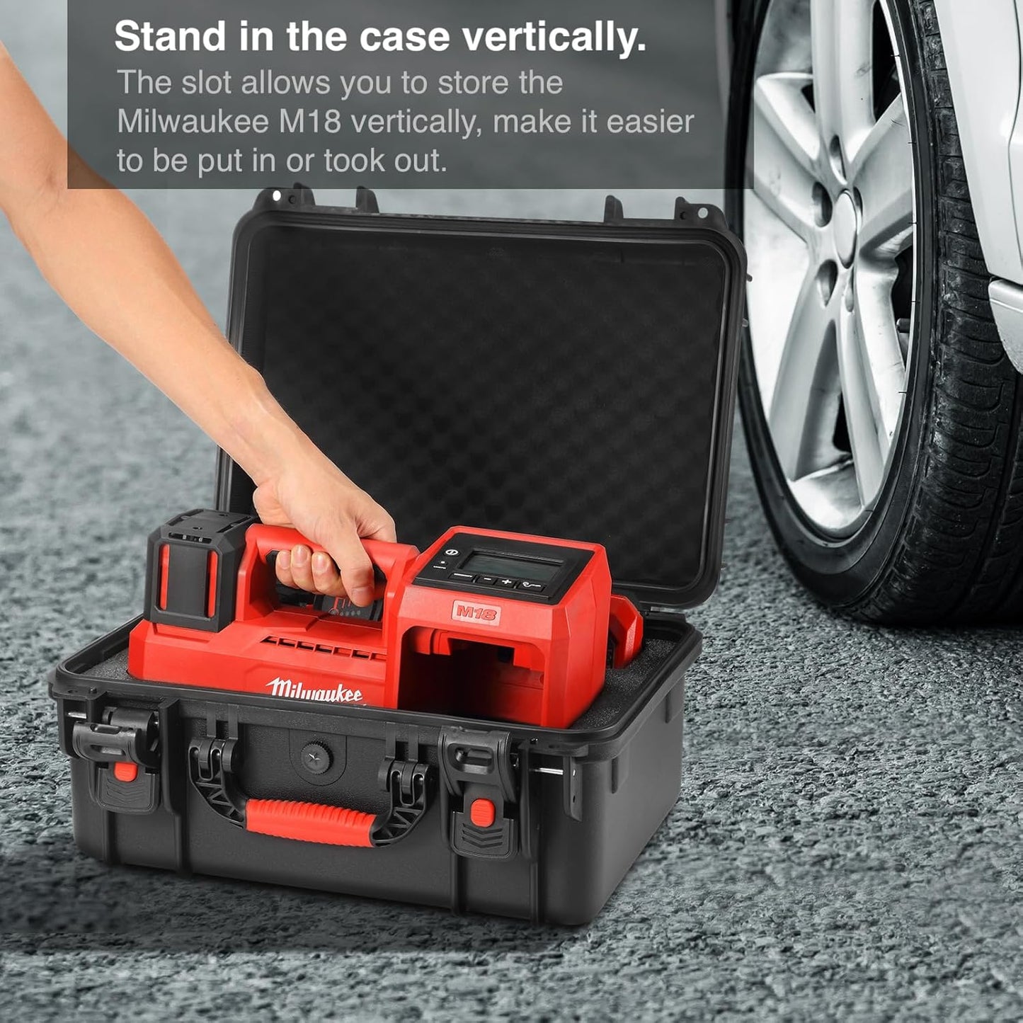 Waterproof Hard Case Compatible with Milwaukee M18 Inflator 2848-20, Air Compressor Carrying Case for Milwaukee Tools, Can Hold 18V 3.0 to 9.0 Ah Battery Packs and Charging Station