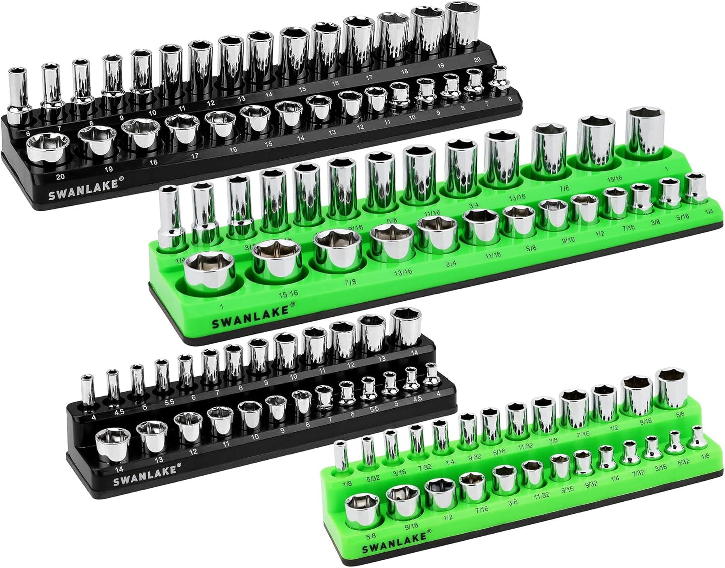SWANLAKE Magnetic Socket Organizer Set, 1/4", 3/8", 1/2" Sockets Holds 286 Pieces Magnetic Socket Trays (Blue&red&black&green, 12 Pcs)