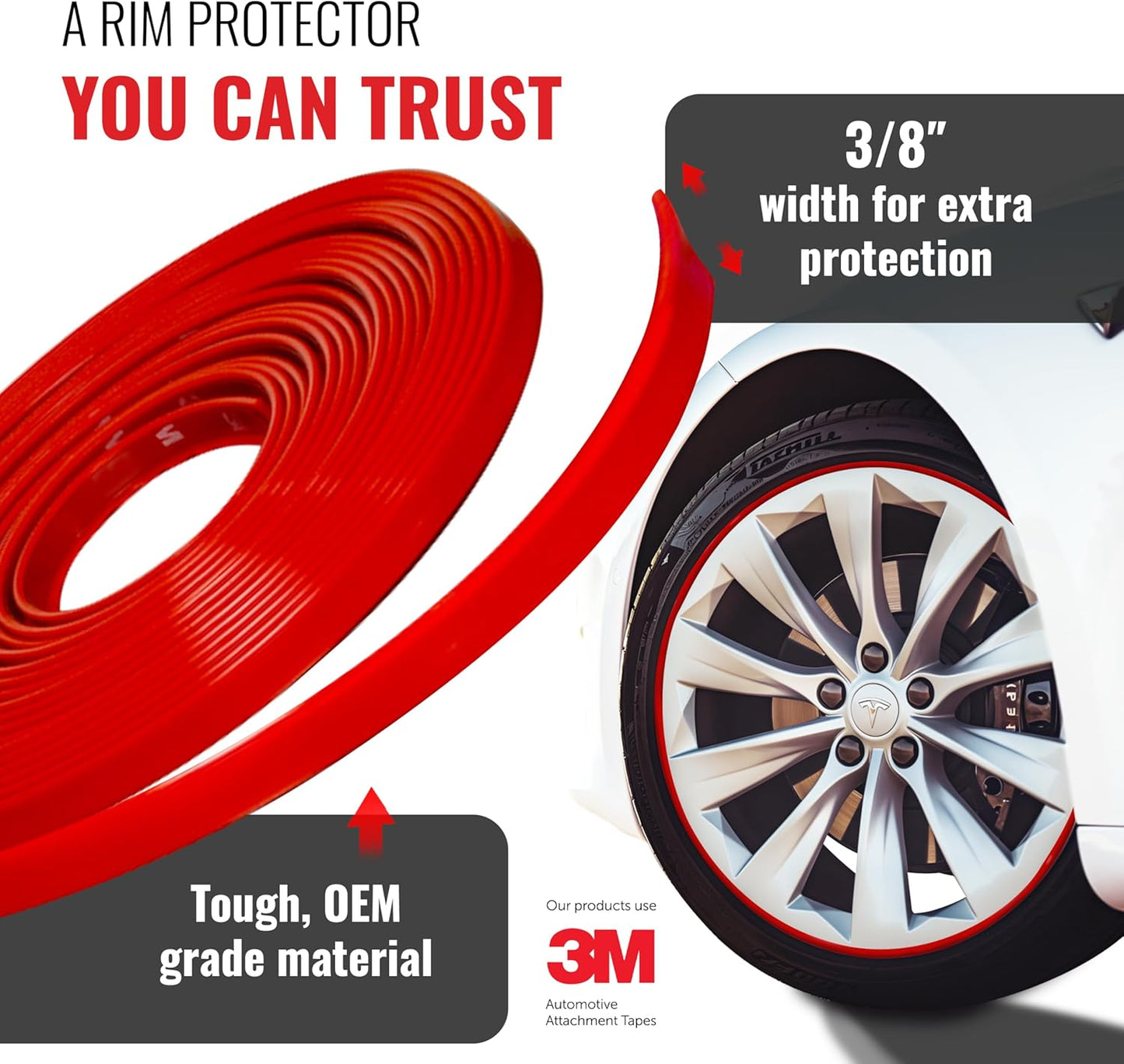 All-Fit Automotive Rim Trim – Durable DIY Car Exterior Accessories for Curb Rash Protection – Fits Up to Four 24” Wheels – Flexible, Durable Wheel Rim Protector (3/8″ width/Red)