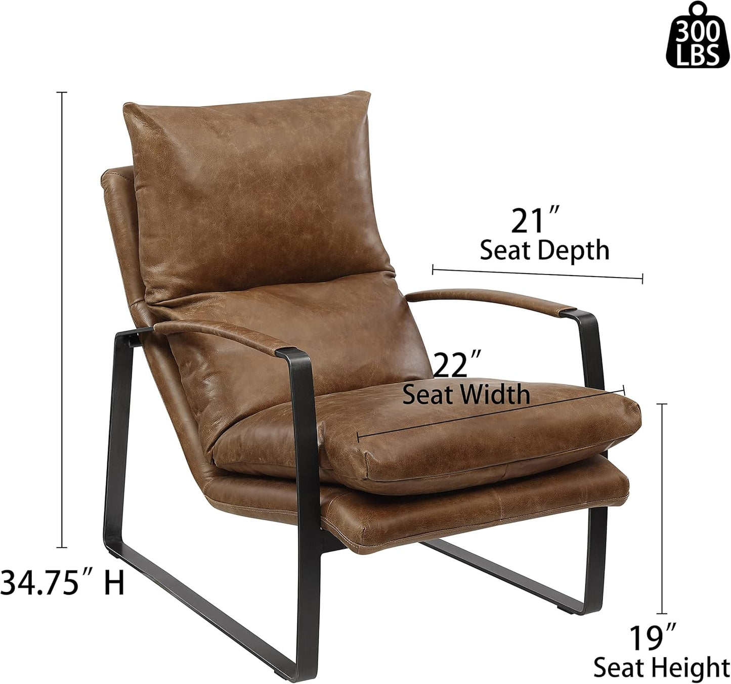 Art Leon Genuine Leather Accent Chair, Mid Century Modern Living Room Chair Lounge Chair with Black Metal Frame, Brown