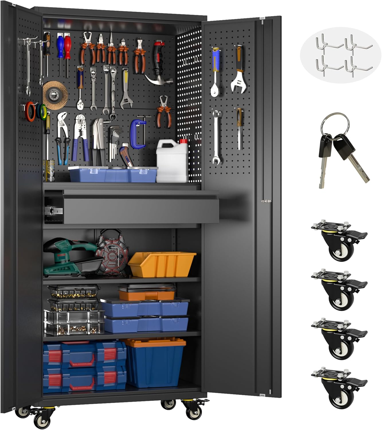Aobabo Garage Storage Cabinet with Door Pegboard,Lockable Metal Storage Cabinet with 5 Adjustable Shelves for Garage Home,Required Assembly,Black