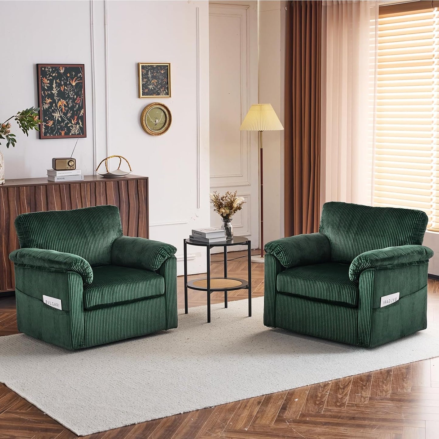 Accent Chair Set of 2, White Corduroy | Compact 360° Swivel for Small Spaces, Plush Deep-Cushioned Reading Chair
