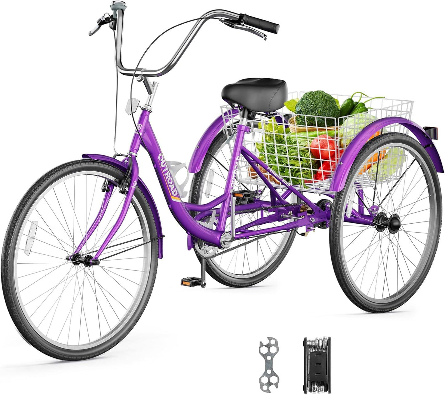 1/7 Speed Adult Tricycle, 24/26 Inch 3 Wheel Bikes with Large Basket, Cruiser Bike for Women/Men/Seniors, Adult Trike for Outdoor/Shopping/Recreation/Picnic