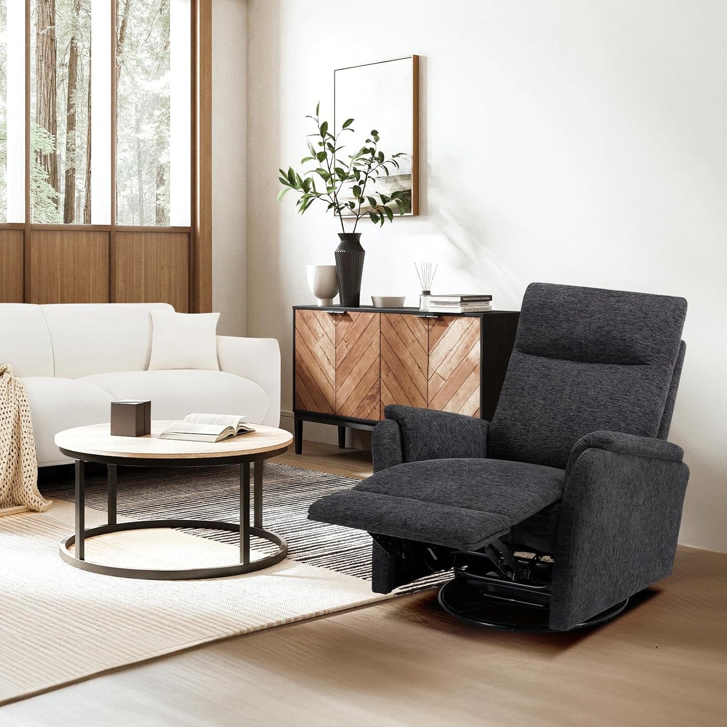COLAMY Swivel Recliner Chair-Nursery Glider Rocking Chair, Swivel Rocker Recliner Chair, Fabric Reclining Single Sofa with Wide Footrest, Deep Seat, Thick Cushion for Living Room, Bedroom-Darkgrey