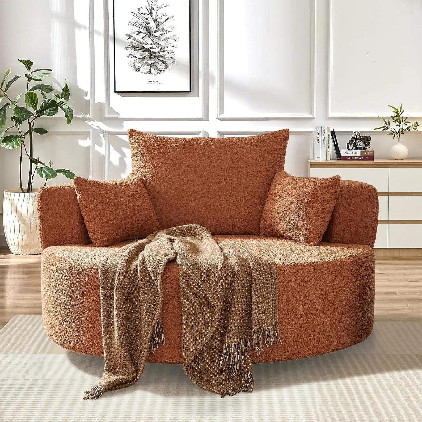 55"W Oversized Round Swivel Accent Barrel Chair,360° Rotating Upholstered Chenille Chaise Lounge Sofa Chair with Wide Armrests&Pillows,Large Modern Comfy Armchair for Living Room,Bedroom,Office(Beige)