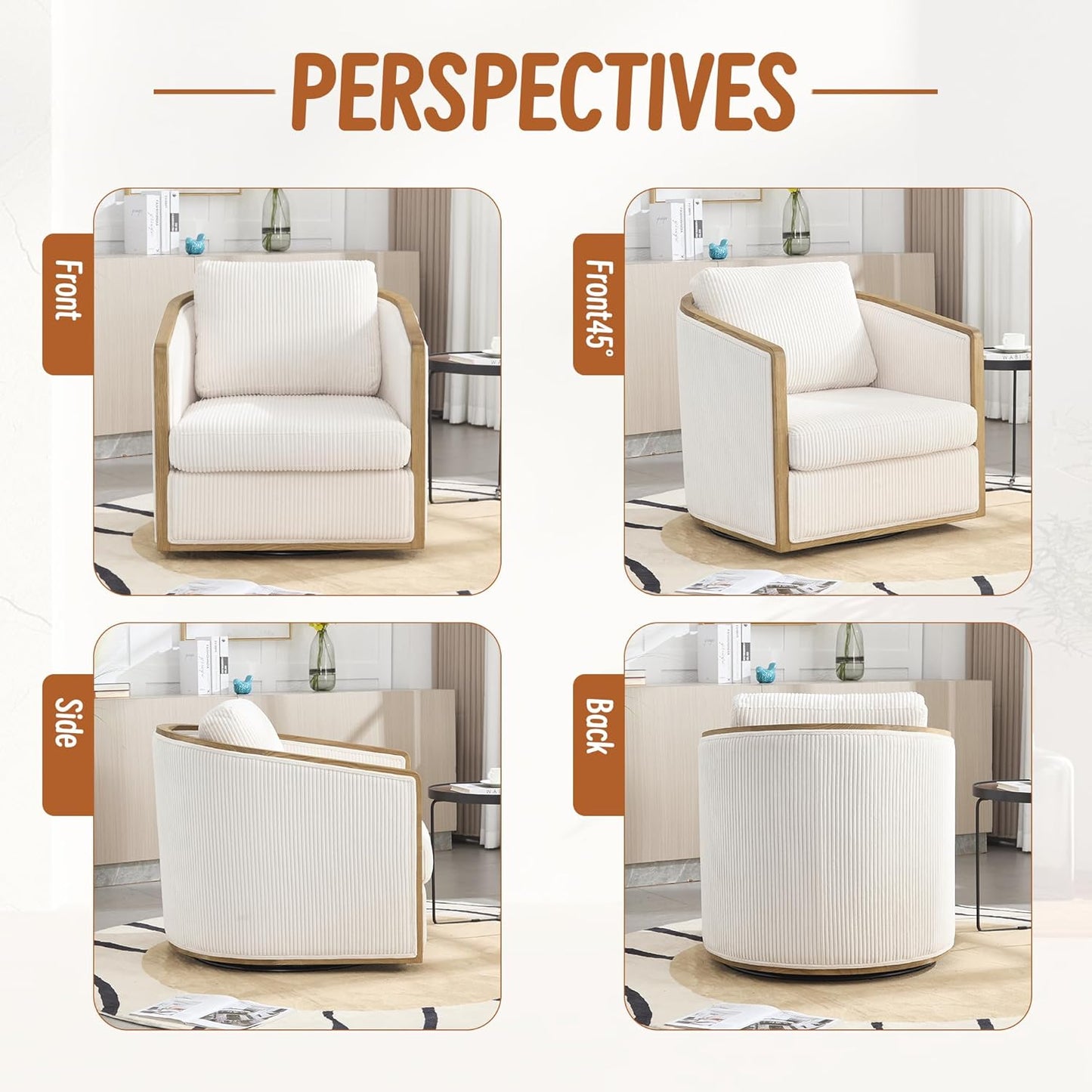 SZLIZCCC 360 Degree Swivel Barrel Chair, Round Accent Chair, Living Room Swivel Accent Sofa Chair, Club Lounge Armchair for Living Room Bedroom Office (Beige Corduroy)