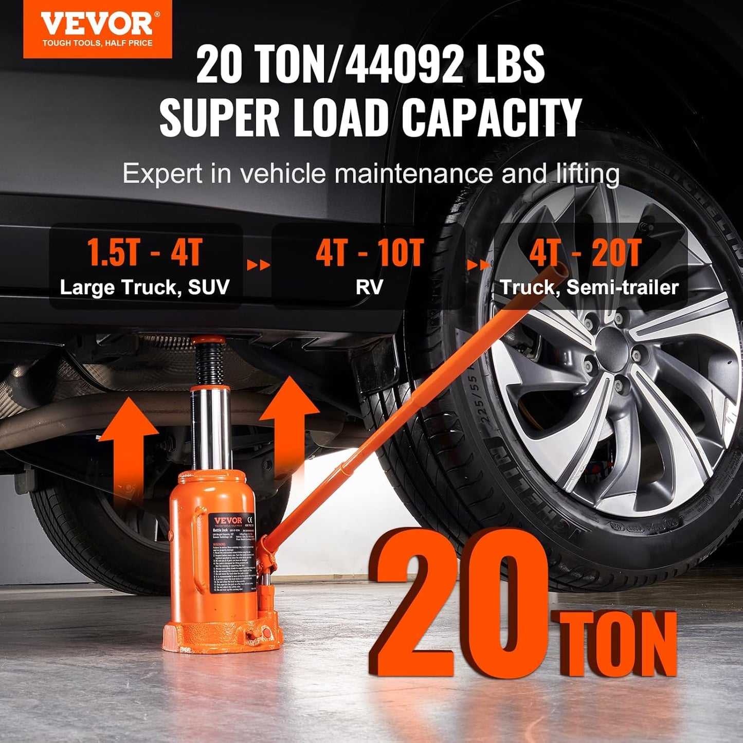 VEVOR Hydraulic Bottle Jack, 20 Ton/44092 LBS All Welded Bottle Jack, 7.5-14 inch Lifting Range, with 3-Section Long Handle, for Pickup Truck, Truck, Car, RV, Auto Repair, Industrial Engineering