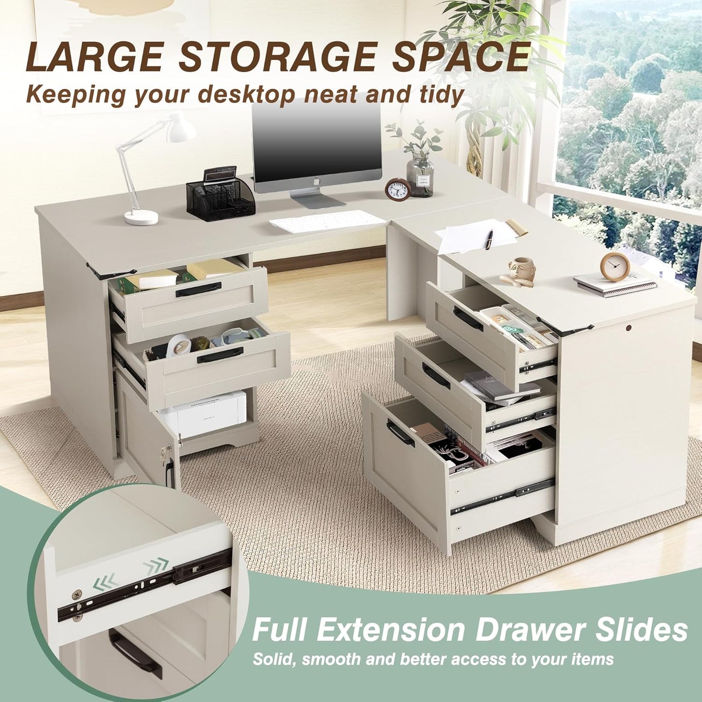 TITIMO 60" Executive L Shaped Desk with Drawers, Farmhouse Home Office Desk with Charging Station, Wood Corner Computer Desk with File Cabinet, Writing Computer Desk for Work and Study (Light Gray)