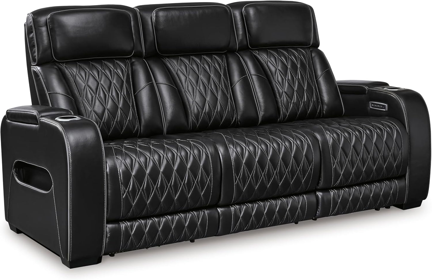 Signature Design by Ashley Boyington Contemporary Leather Match Power Reclining Sofa with USB Charging Ports, LED Lights and Adjustable Headrest, Light Gray